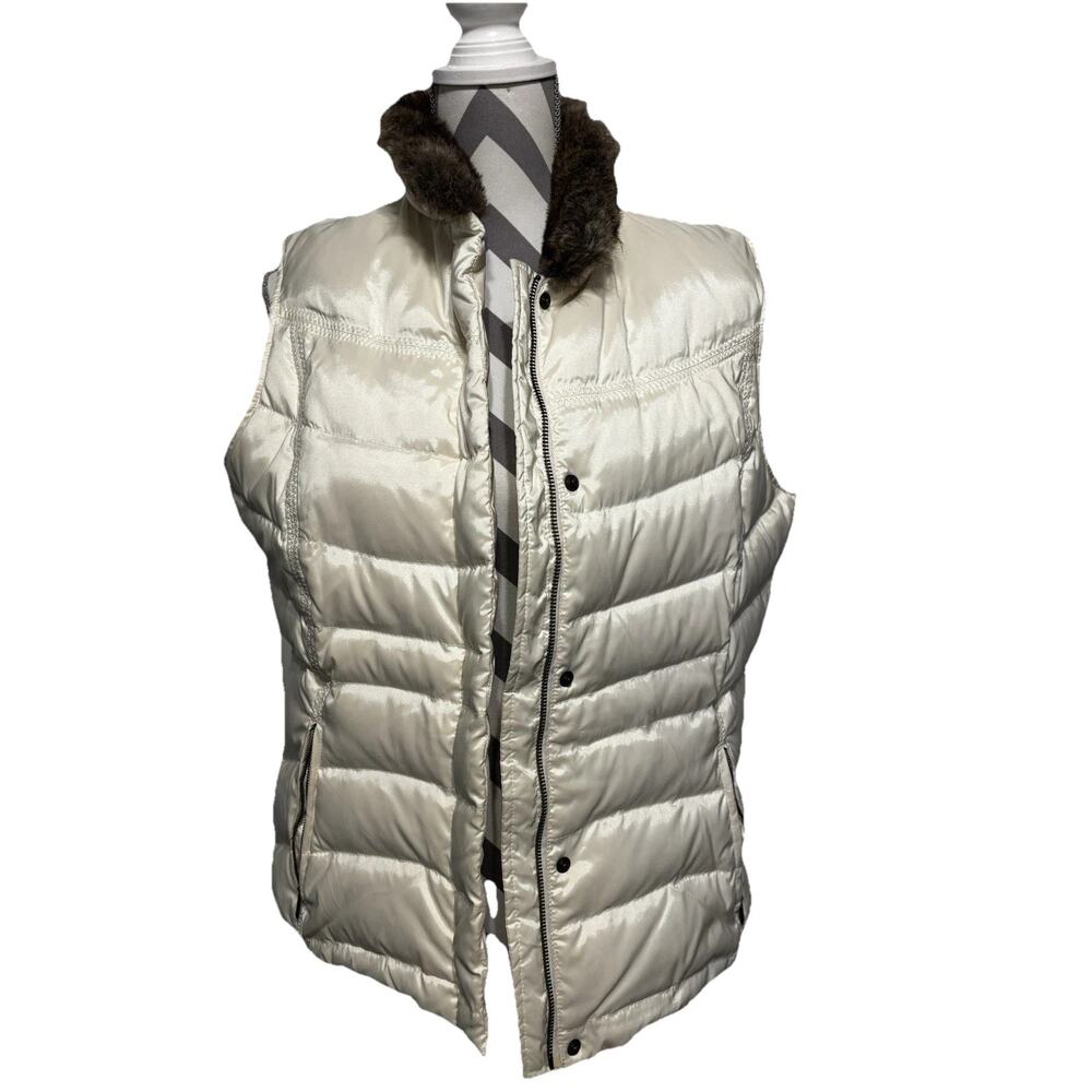 Eddie Bauer Goose Down Puffer Vest Womens Large White Quilted Faux Fur Puffy Lg